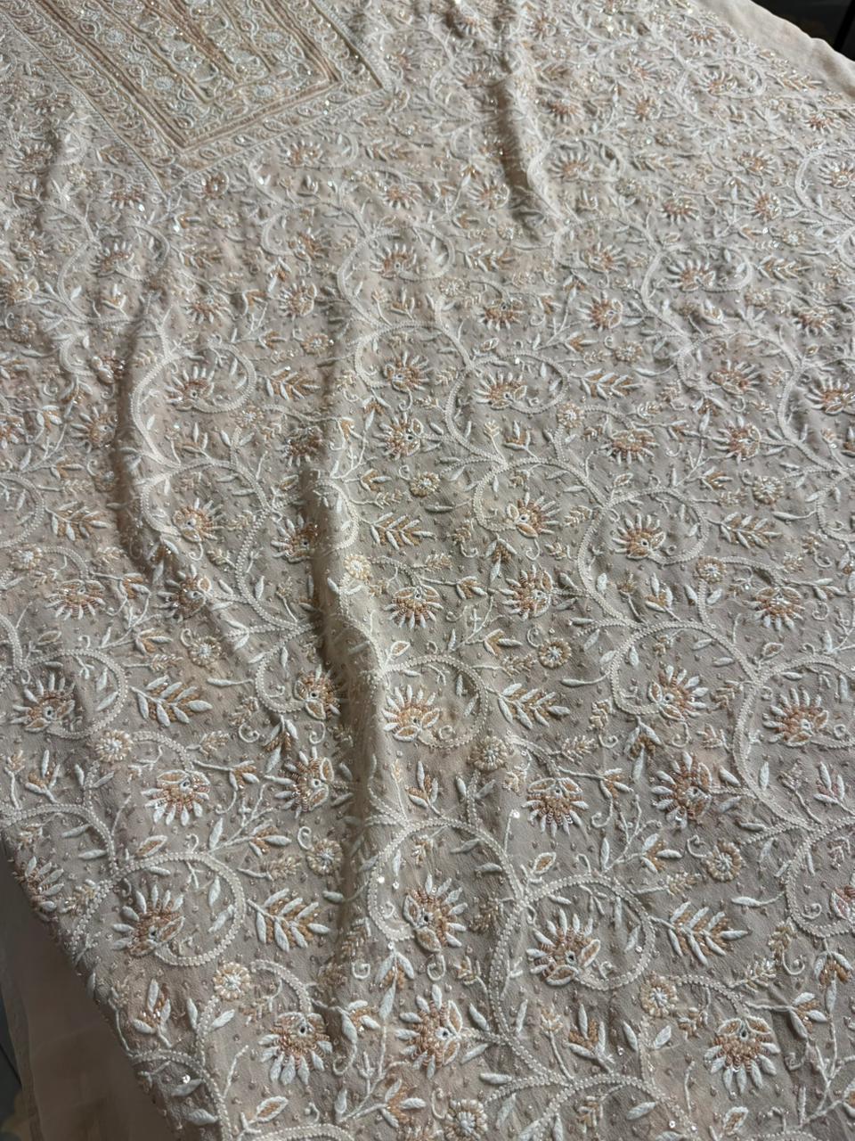 Soft peach shade Pure Georgette Front & Back Chikankari Kurta Dupatta Set