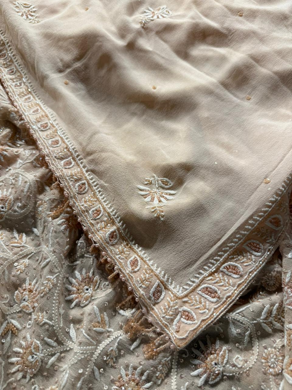 Soft peach shade Pure Georgette Front & Back Chikankari Kurta Dupatta Set