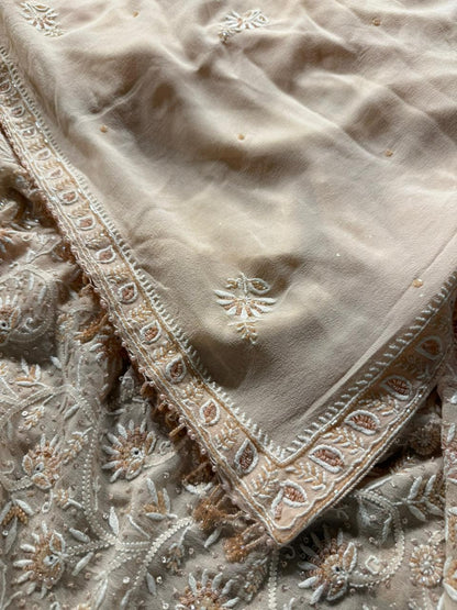 Soft peach shade Pure Georgette Front & Back Chikankari Kurta Dupatta Set