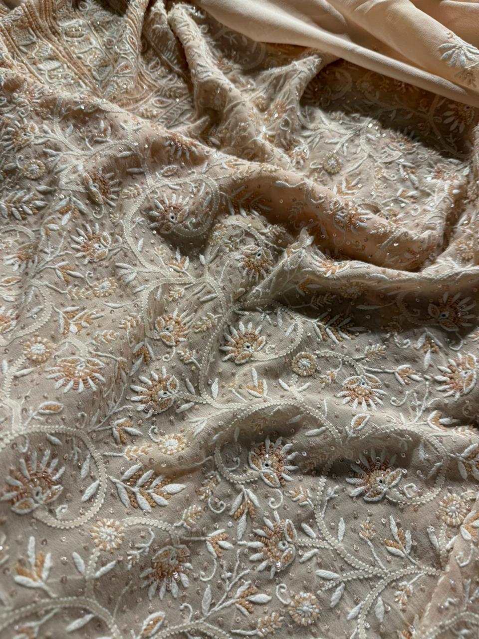 Soft peach shade Pure Georgette Front & Back Chikankari Kurta Dupatta Set