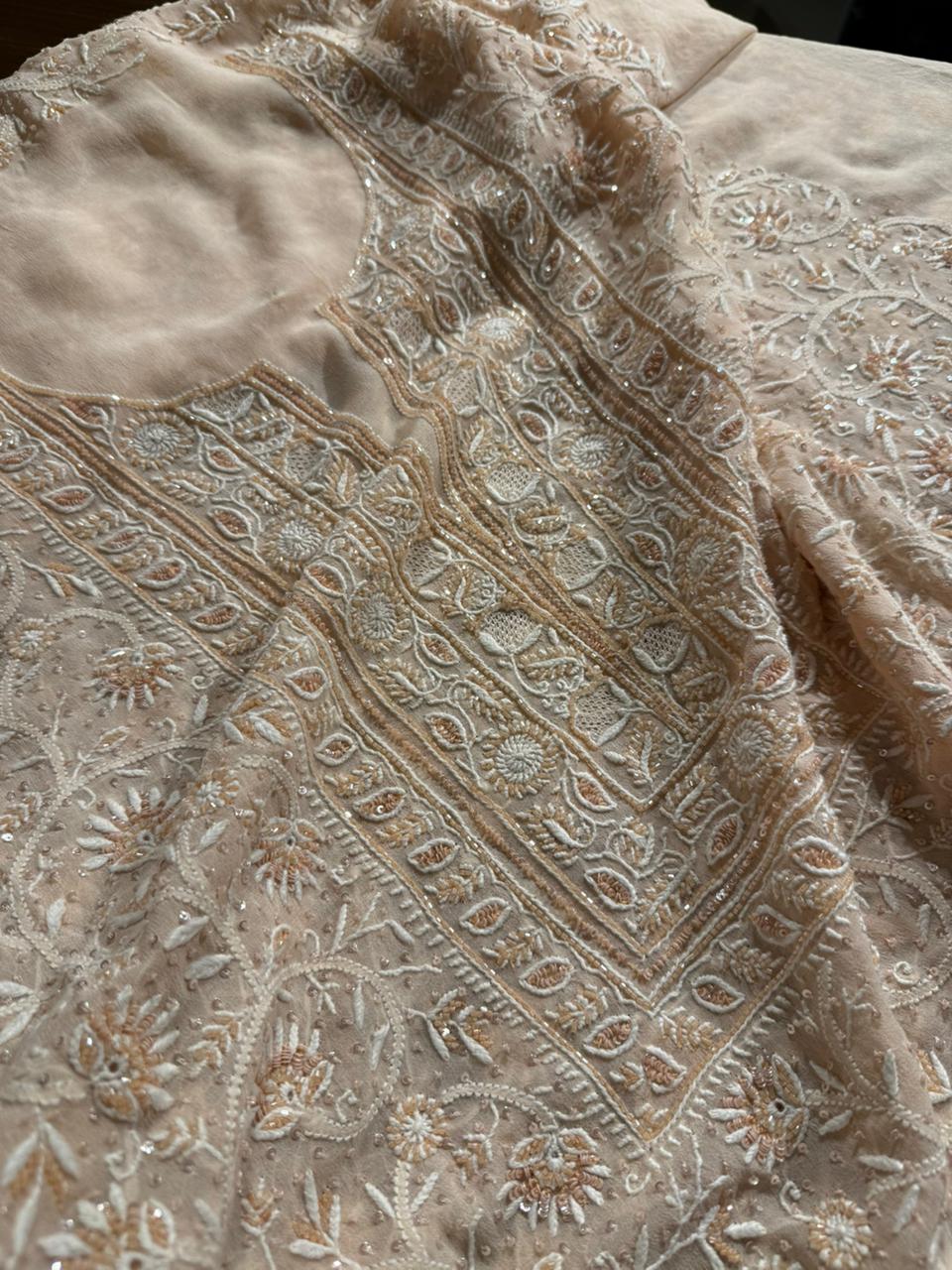 Soft peach shade Pure Georgette Front & Back Chikankari Kurta Dupatta Set