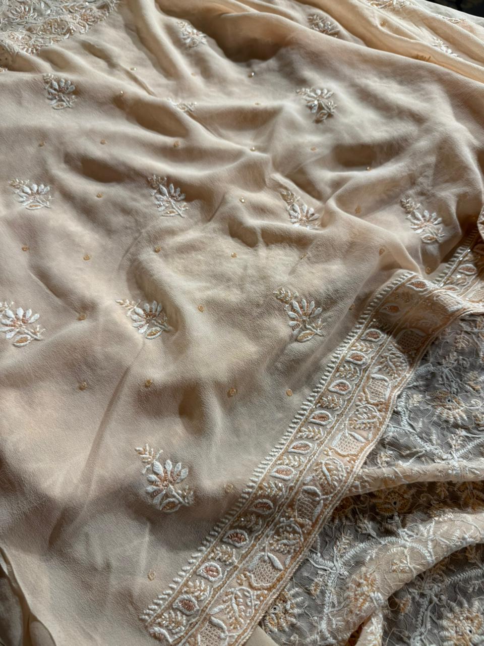 Soft peach shade Pure Georgette Front & Back Chikankari Kurta Dupatta Set