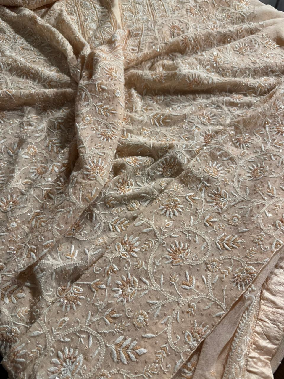 Soft peach shade Pure Georgette Front & Back Chikankari Kurta Dupatta Set