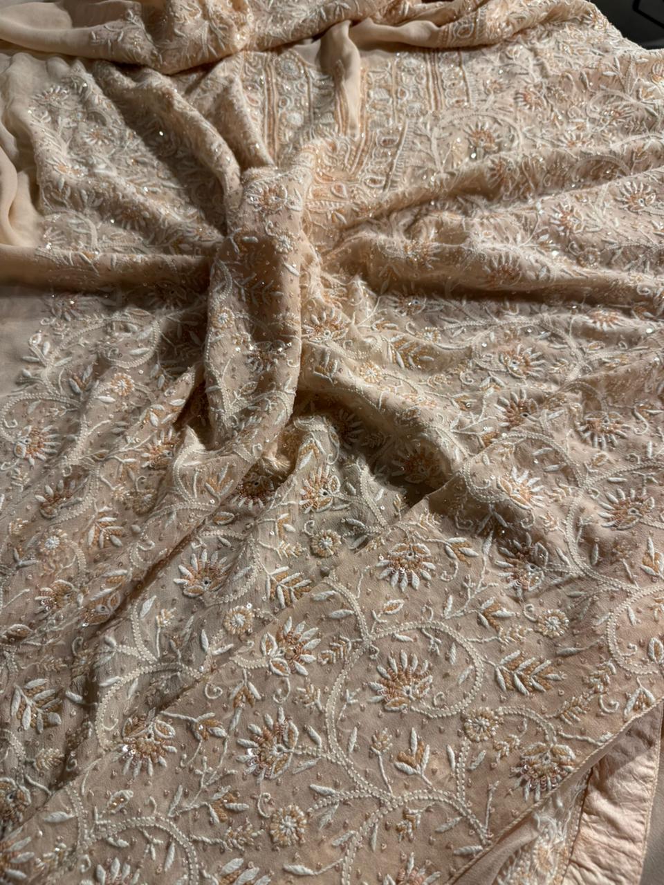 Soft peach shade Pure Georgette Front & Back Chikankari Kurta Dupatta Set