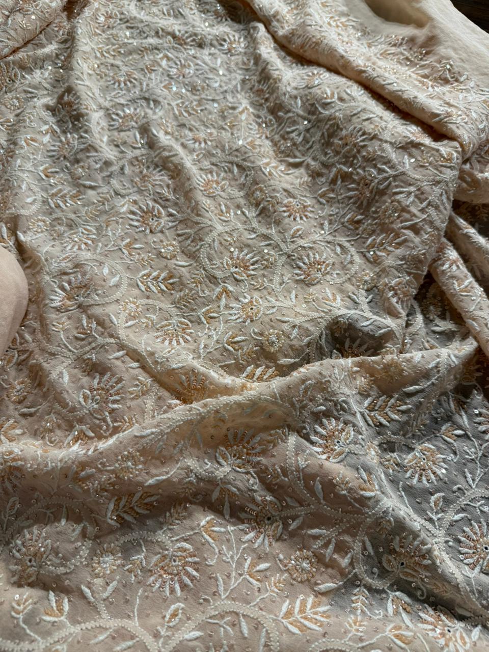 Soft peach shade Pure Georgette Front & Back Chikankari Kurta Dupatta Set