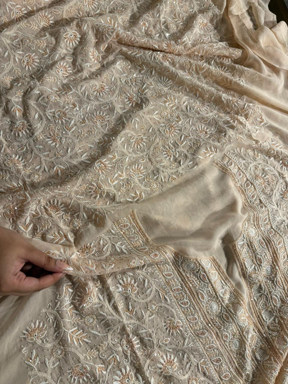 Soft peach shade Pure Georgette Front & Back Chikankari Kurta Dupatta Set