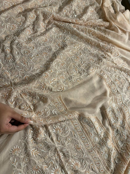 Soft peach shade Pure Georgette Front & Back Chikankari Kurta Dupatta Set