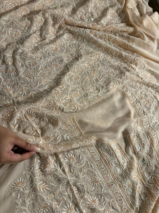 Soft peach shade Pure Georgette Front & Back Chikankari Kurta Dupatta Set