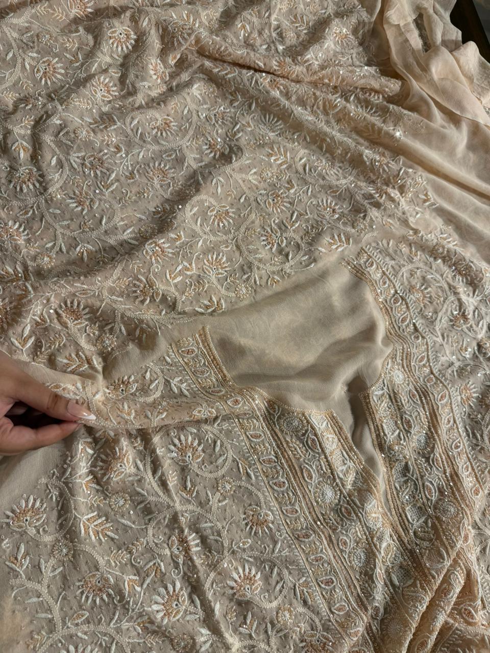 Soft peach shade Pure Georgette Front & Back Chikankari Kurta Dupatta Set