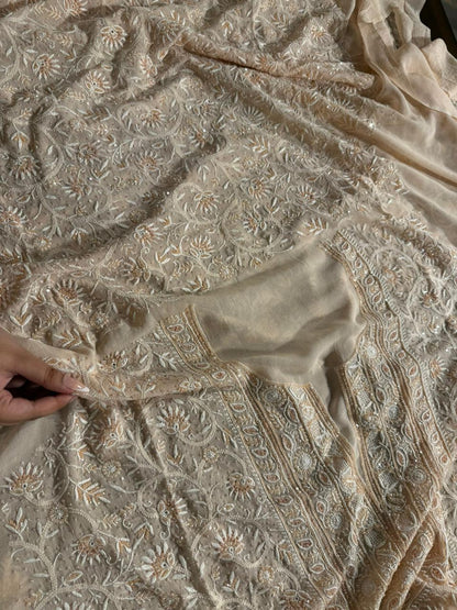Soft peach shade Pure Georgette Front & Back Chikankari Kurta Dupatta Set