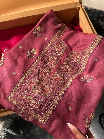 Solid Dusty Pink Pashmina x Chikankari Fabrics