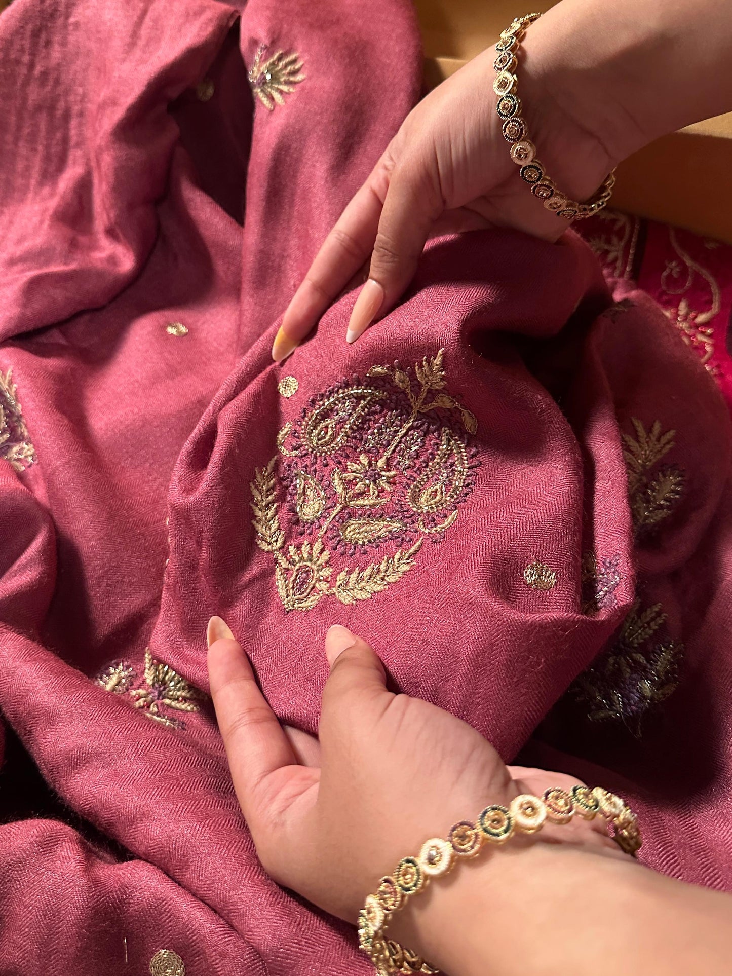 Solid Dusty Pink Pashmina x Chikankari Fabrics