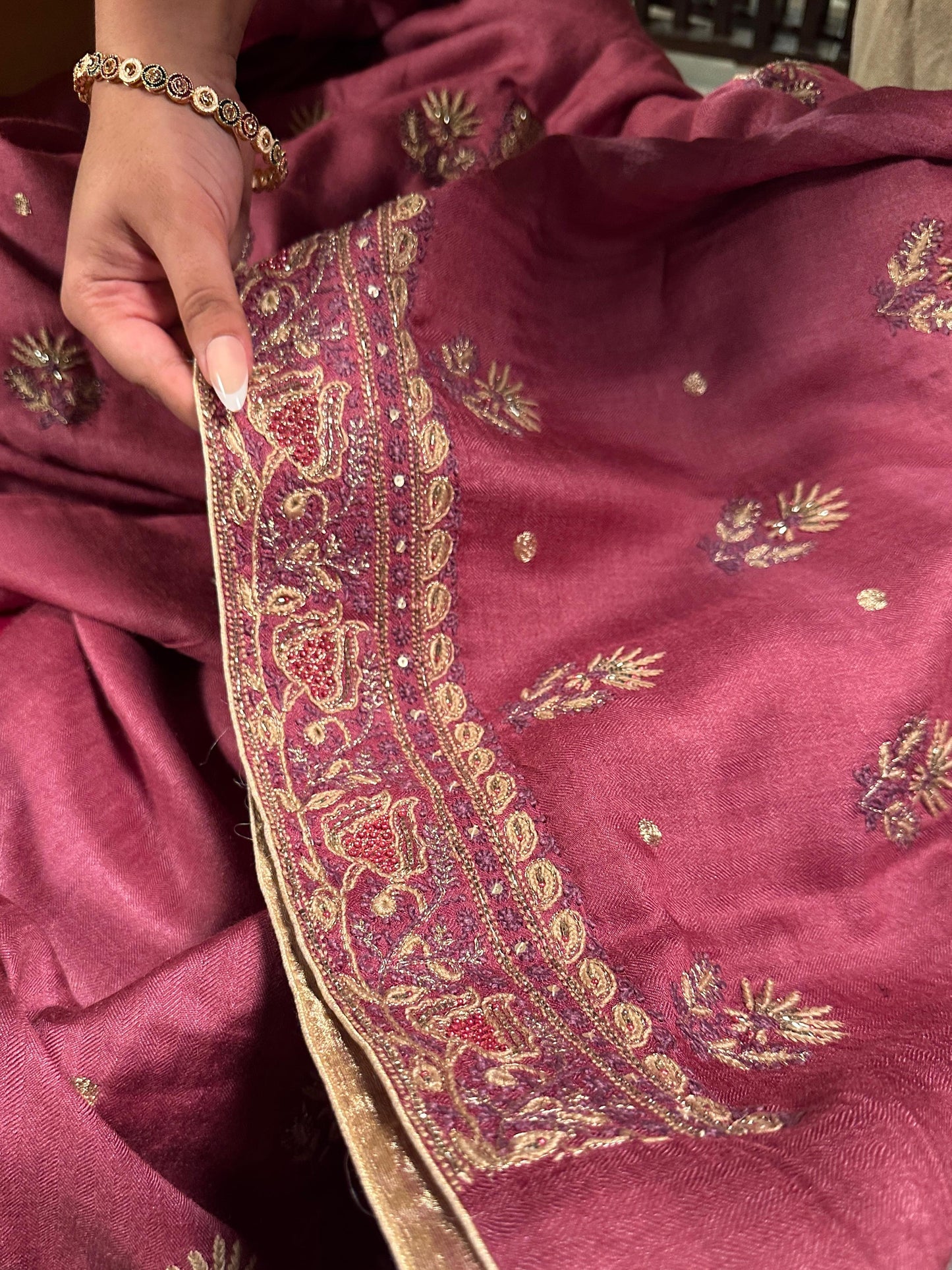 Solid Dusty Pink Pashmina x Chikankari Fabrics