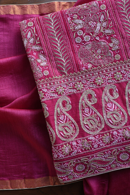 Solid Pink Shade Moonga Silk Chikankari Unstitched Fabric