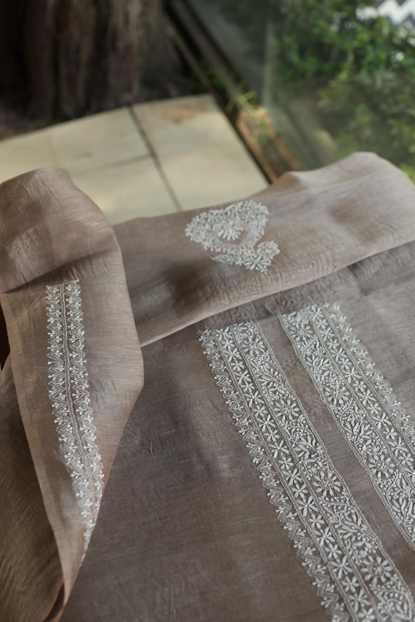 Storm Brown Linen Chikankari Unstitched Men's Kurtas Fabric