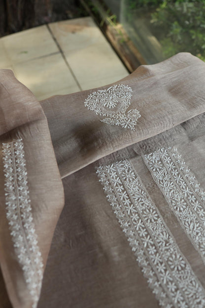 Storm Brown Linen Chikankari Unstitched Men's Kurtas Fabric