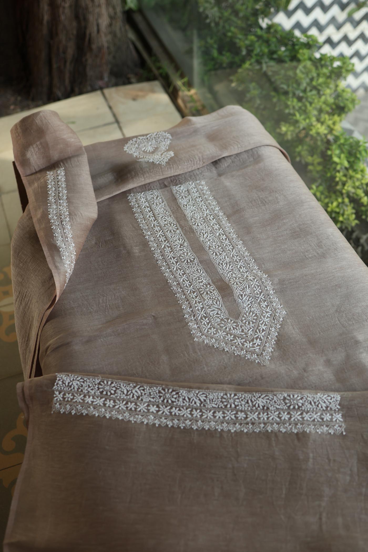 Storm Brown Linen Chikankari Unstitched Men's Kurtas Fabric