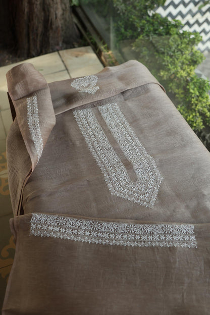 Storm Brown Linen Chikankari Unstitched Men's Kurtas Fabric