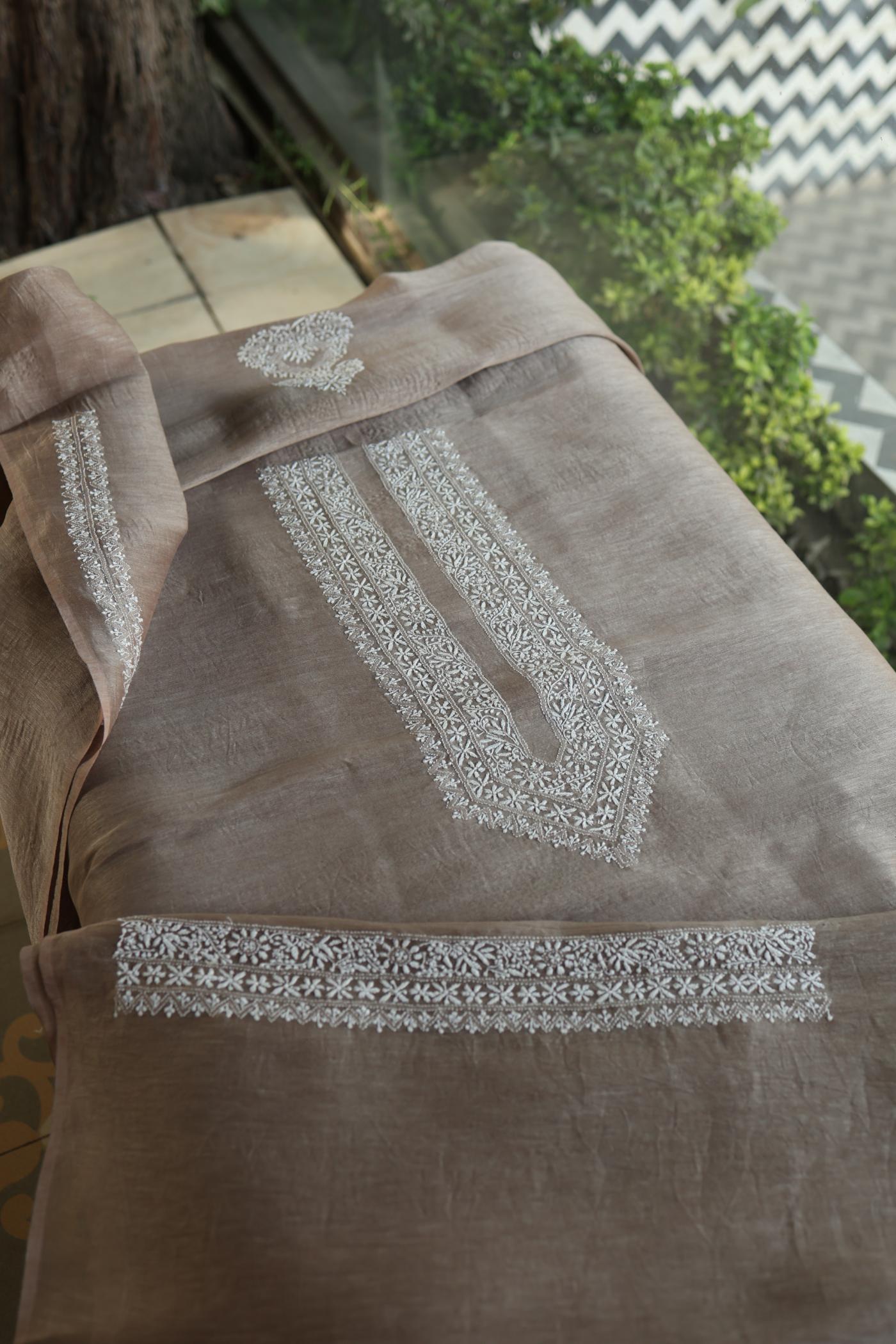 Storm Brown Linen Chikankari Unstitched Men's Kurtas Fabric