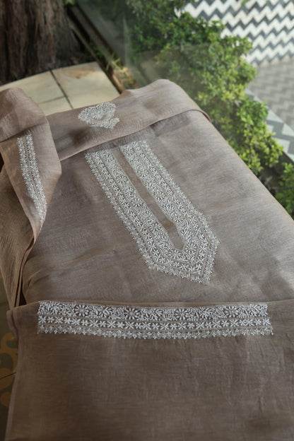 Storm Brown Linen Chikankari Unstitched Men's Kurtas Fabric