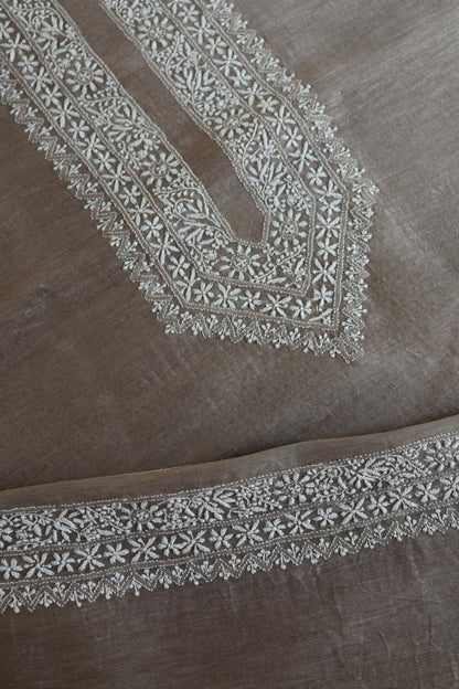 Storm Brown Linen Chikankari Unstitched Men's Kurtas Fabric
