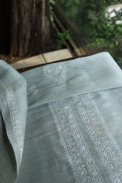 Storm Grey Linen Chikankari Unstitched Men's Kurtas Fabric
