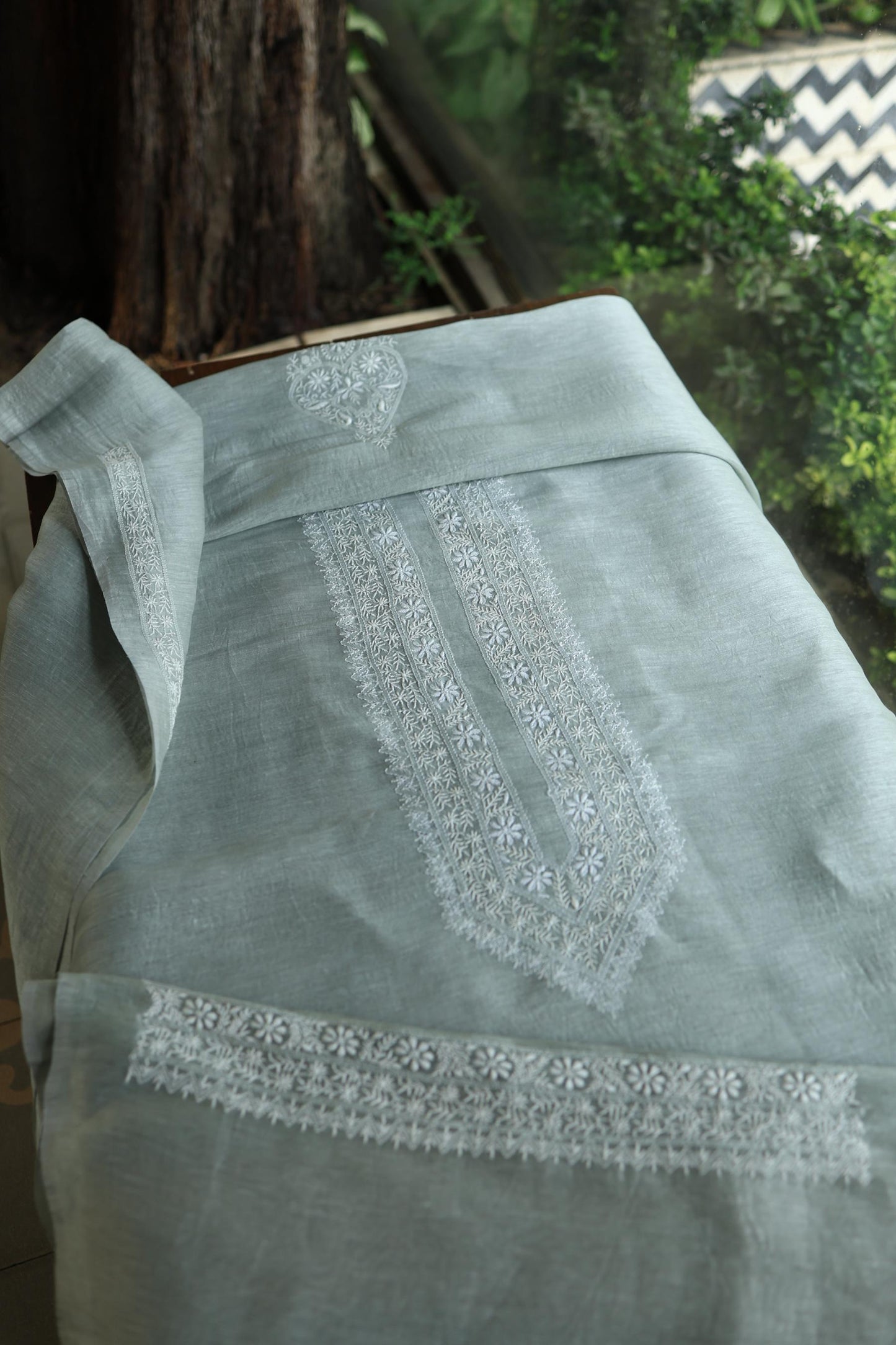 Storm Grey Linen Chikankari Unstitched Men's Kurtas Fabric