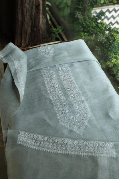 Storm Grey Linen Chikankari Unstitched Men's Kurtas Fabric
