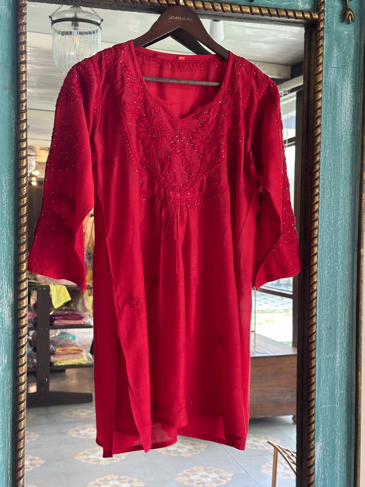 Strawberry Red Chanderi Mukaish Kamdani Short Kurti
