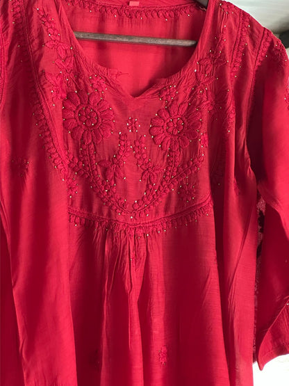 Strawberry Red Chanderi Mukaish Kamdani Short Kurti