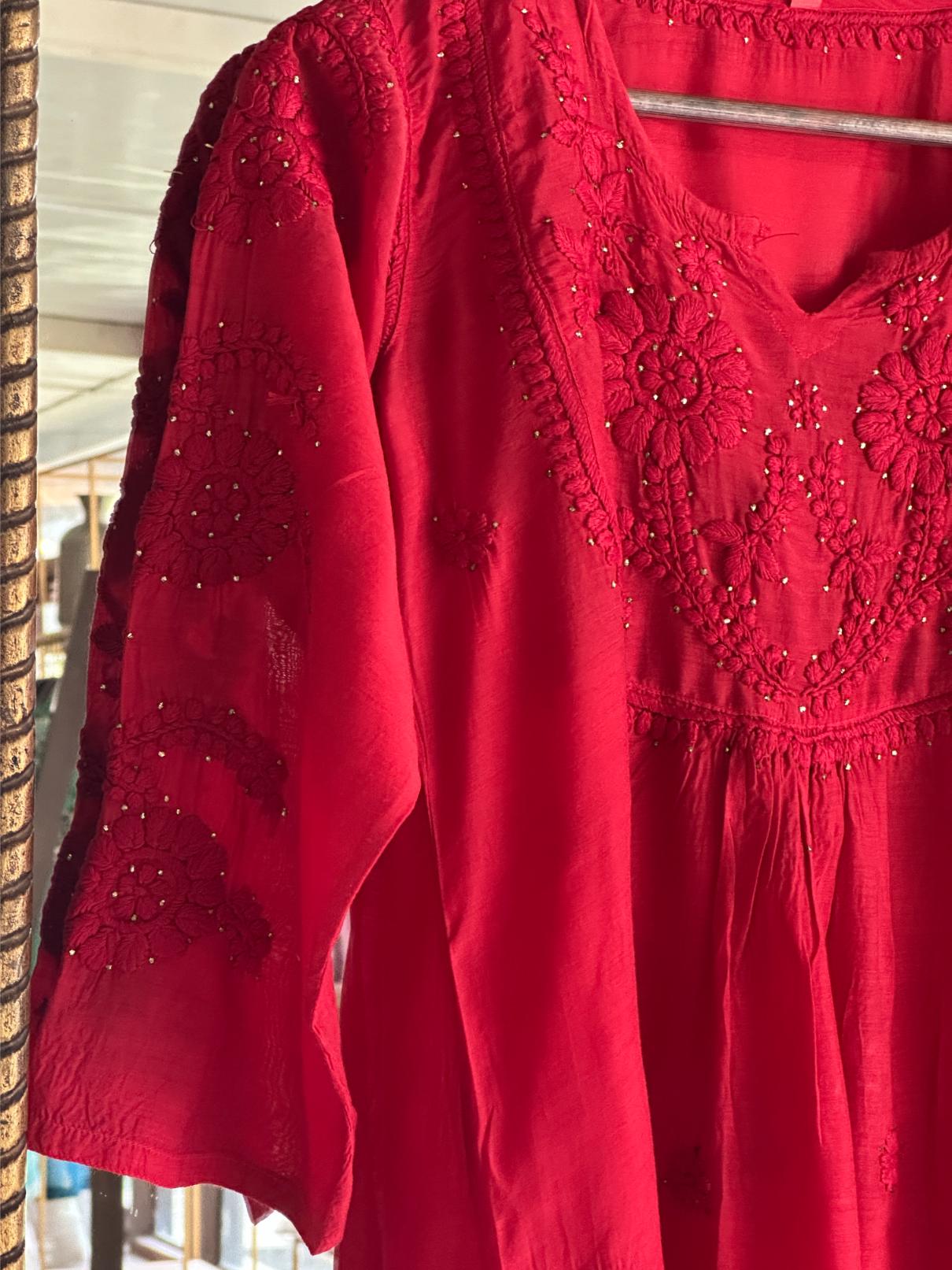 Strawberry Red Chanderi Mukaish Kamdani Short Kurti