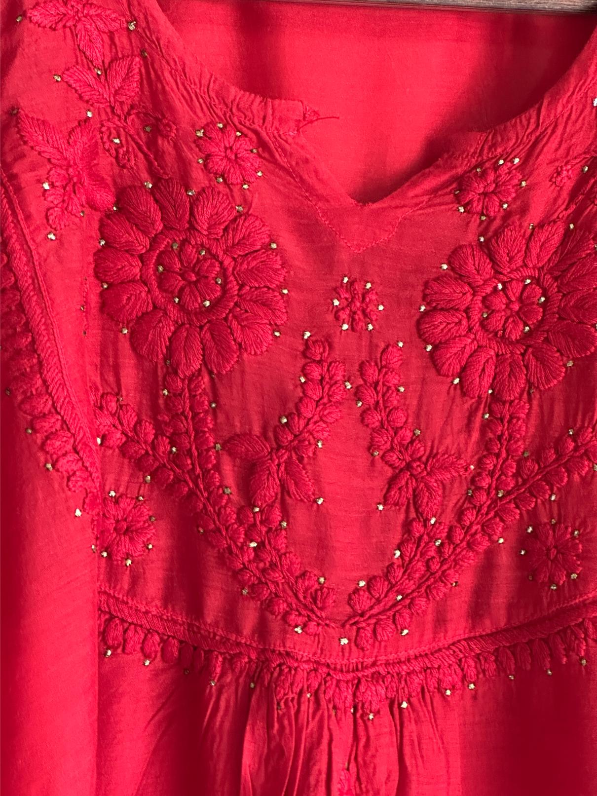 Strawberry Red Chanderi Mukaish Kamdani Short Kurti