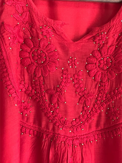 Strawberry Red Chanderi Mukaish Kamdani Short Kurti