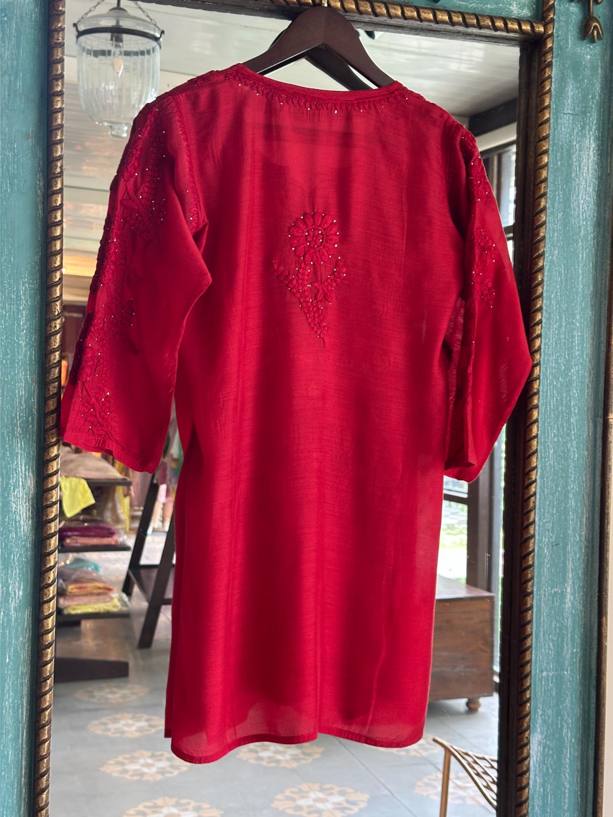 Strawberry Red Chanderi Mukaish Kamdani Short Kurti