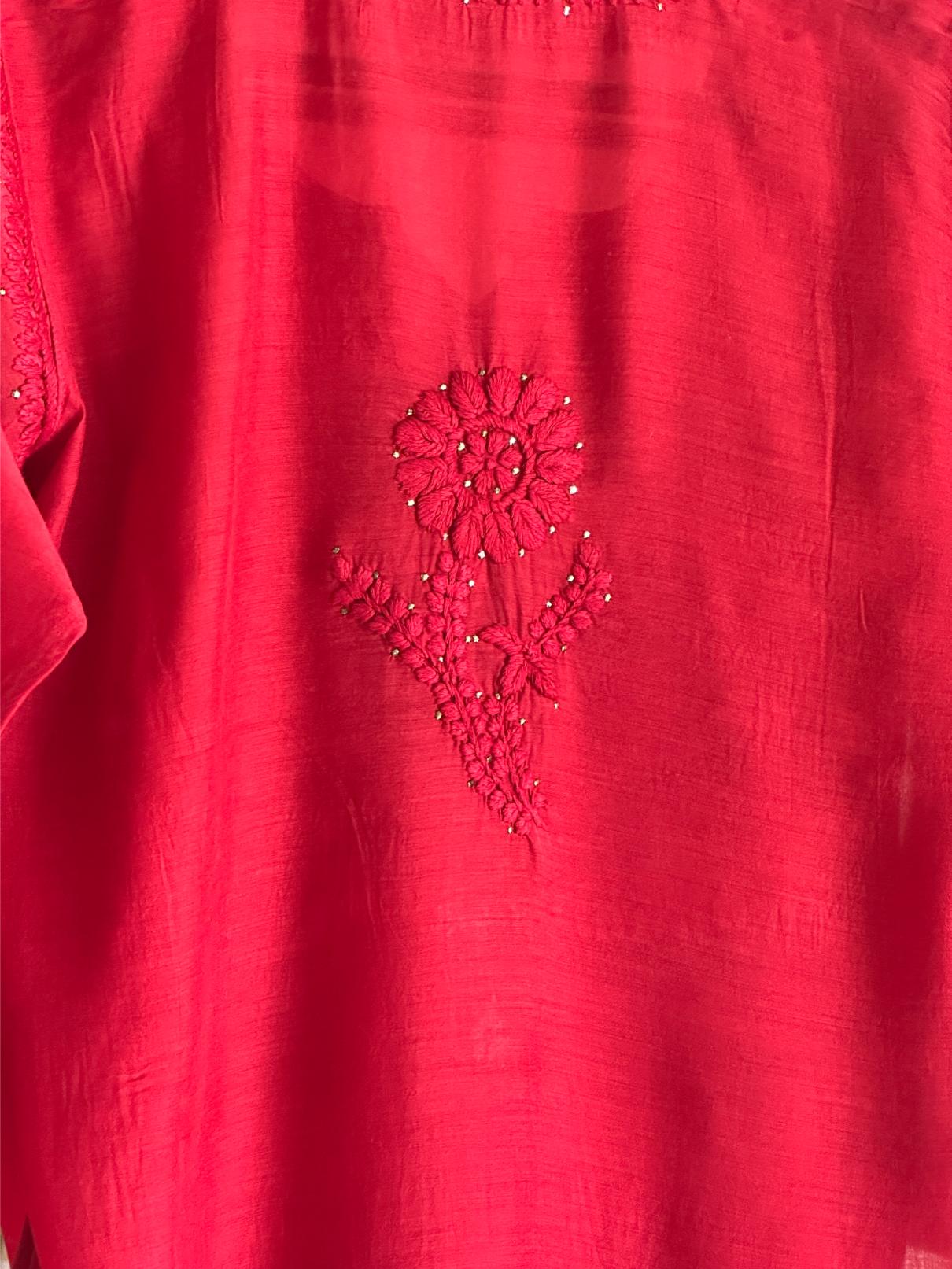 Strawberry Red Chanderi Mukaish Kamdani Short Kurti