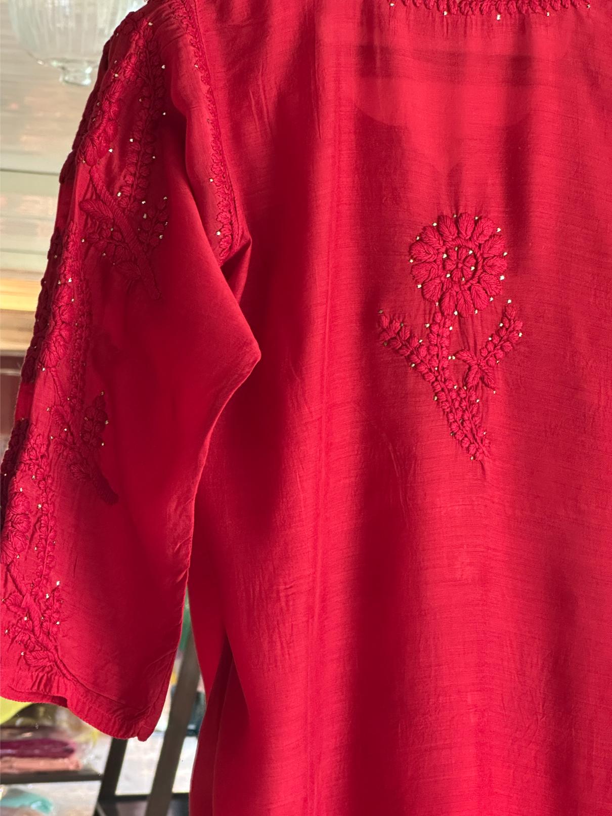 Strawberry Red Chanderi Mukaish Kamdani Short Kurti