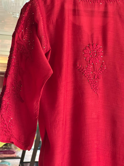 Strawberry Red Chanderi Mukaish Kamdani Short Kurti