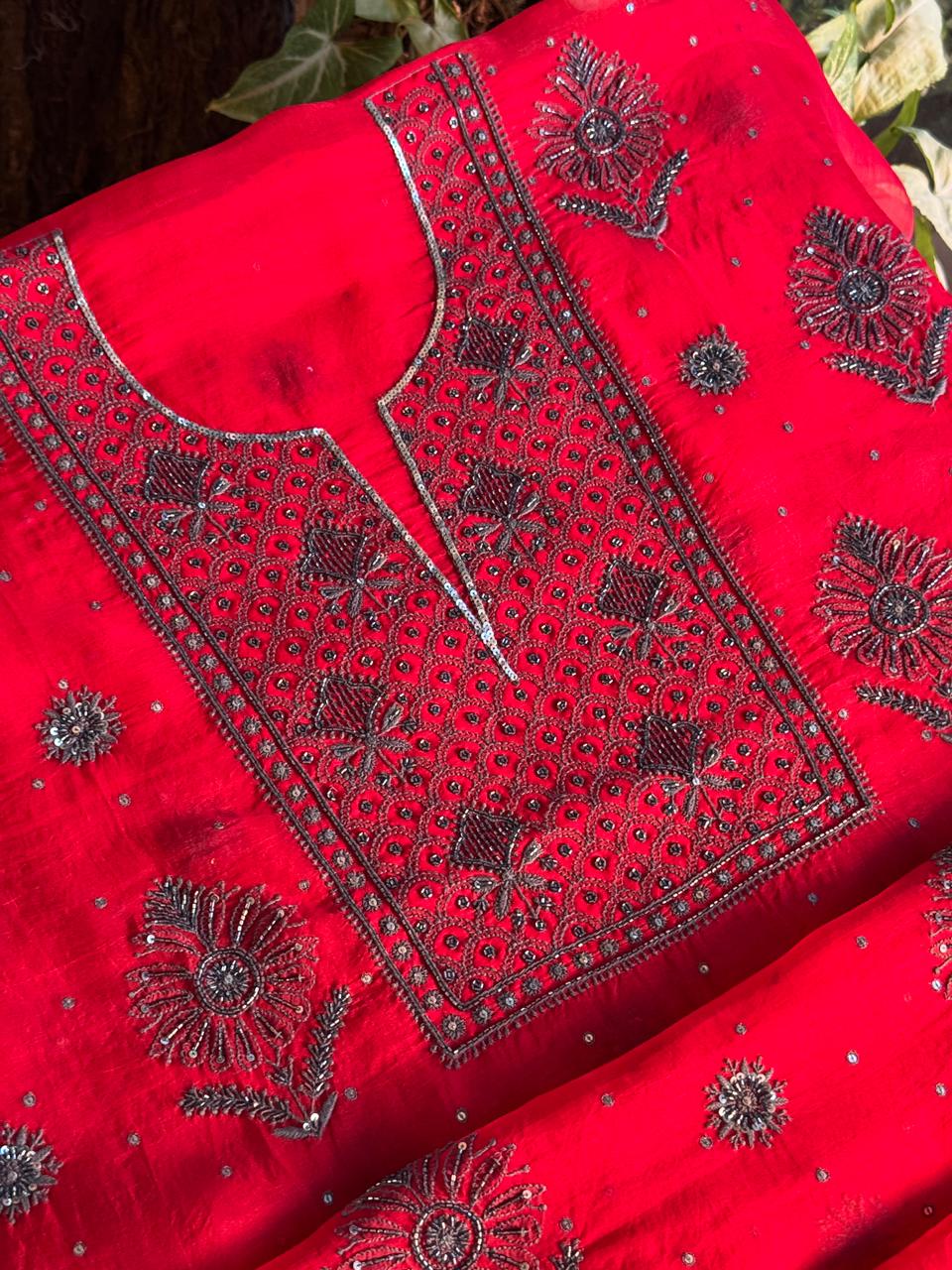 Strawberry Red Shade Noor Organza Silk Chikankari Unstitched Fabric