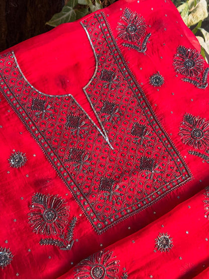 Strawberry Red Shade Noor Organza Silk Chikankari Unstitched Fabric