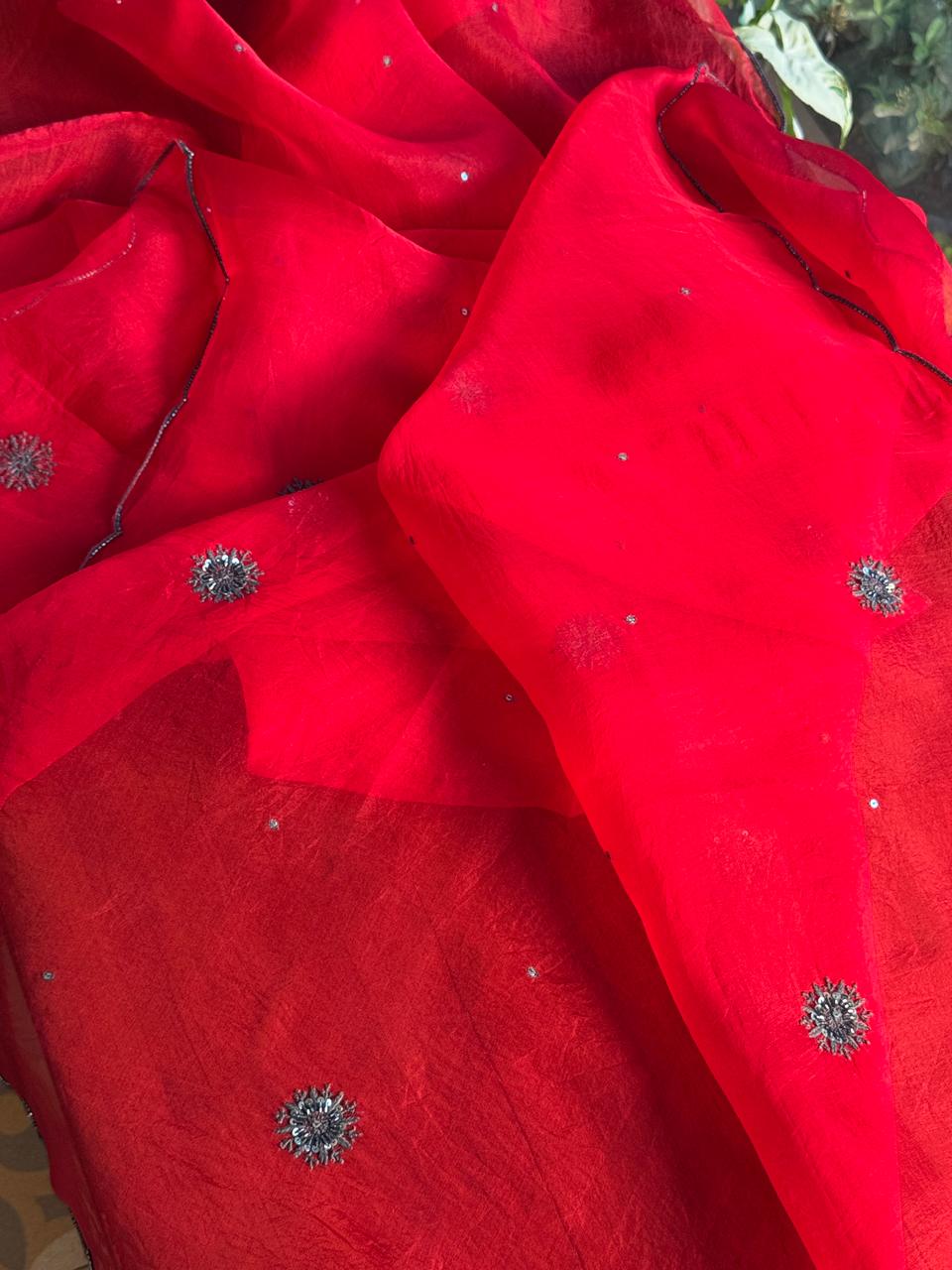 Strawberry Red Shade Noor Organza Silk Chikankari Unstitched Fabric