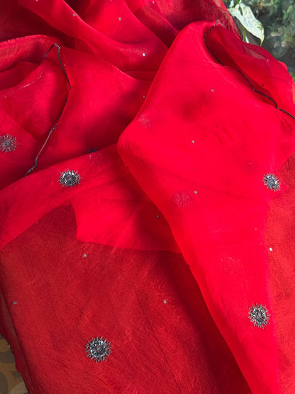 Strawberry Red Shade Noor Organza Silk Chikankari Unstitched Fabric