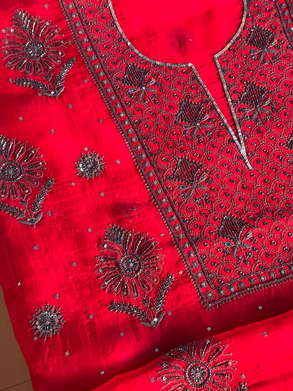Strawberry Red Shade Noor Organza Silk Chikankari Unstitched Fabric