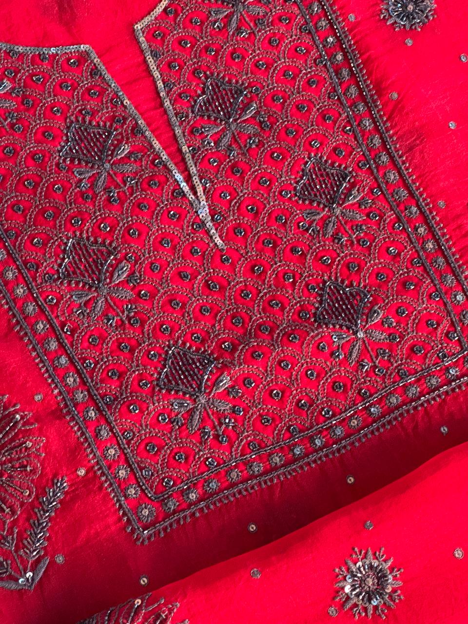 Strawberry Red Shade Noor Organza Silk Chikankari Unstitched Fabric