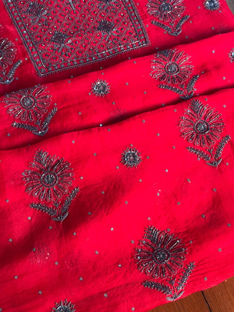Strawberry Red Shade Noor Organza Silk Chikankari Unstitched Fabric