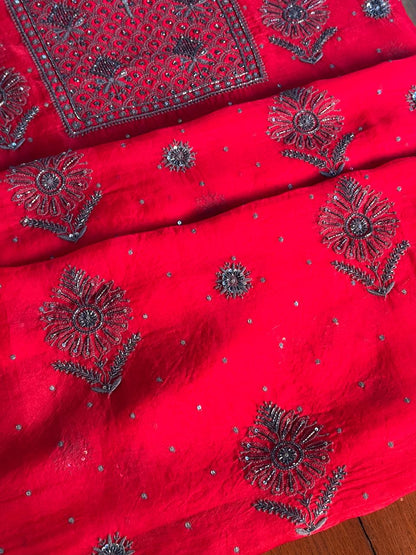 Strawberry Red Shade Noor Organza Silk Chikankari Unstitched Fabric