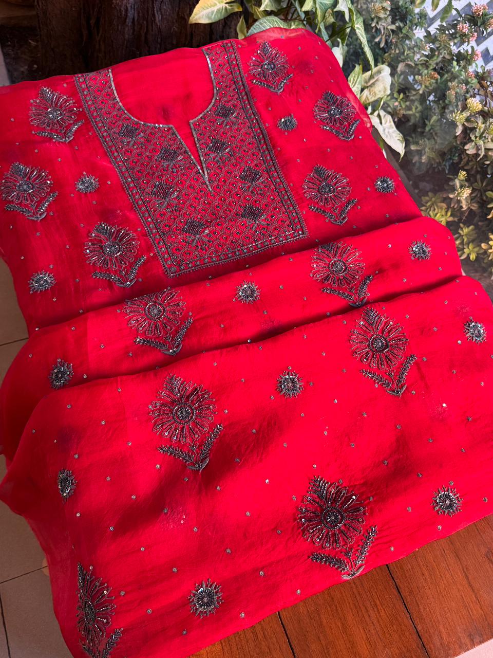 Strawberry Red Shade Noor Organza Silk Chikankari Unstitched Fabric