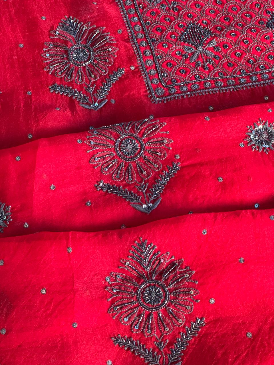 Strawberry Red Shade Noor Organza Silk Chikankari Unstitched Fabric