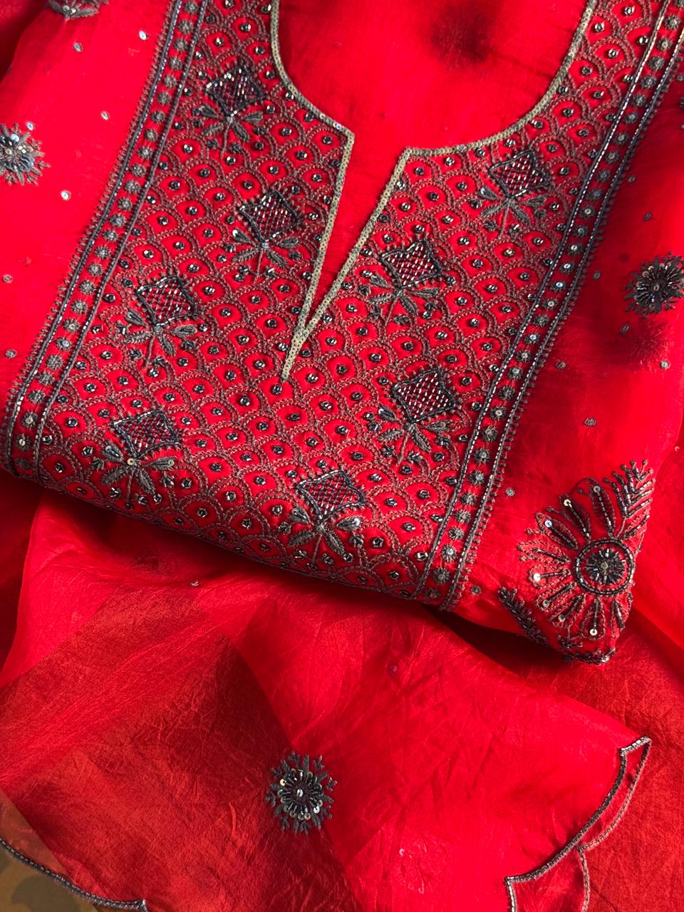 Strawberry Red Shade Noor Organza Silk Chikankari Unstitched Fabric
