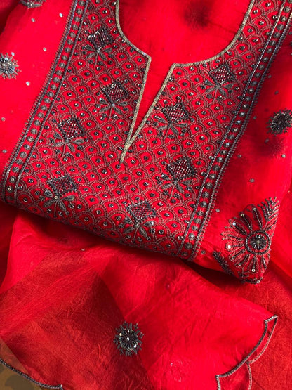 Strawberry Red Shade Noor Organza Silk Chikankari Unstitched Fabric