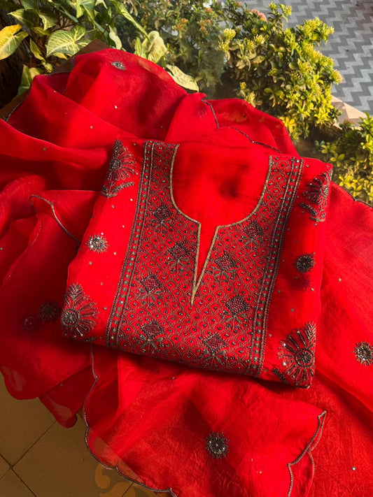 Strawberry Red Shade Noor Organza Silk Chikankari Unstitched Fabric